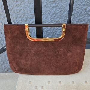 Vintage 80's Elegant Brown Suede Handbag with Gold Accents